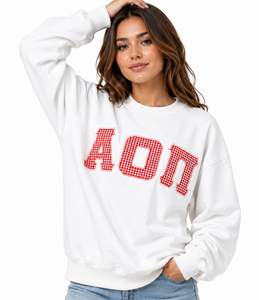 เสื้อสเวตเชิ้ตคอกลมสีขาวสำหรับผู้หญิง ลายตารางแดง ปักอักษร Alpha Omicron Pi ด้านหน้า สไตล์ลำลองสำหรับฤดูใบไม้ร่วง ผลิตจากผ้าฝ้ายถัก - Product Image 5