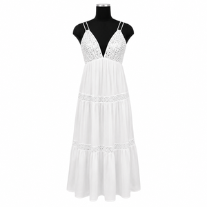 Womens White Eyelet Lace Maxi Dress Deep V Neck Double Strap Sleeveless Tiered Flowy Summer Beach Resort Holiday Elegant Boho - Product Image 1