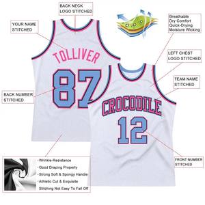 Maillot de basket rétro personnalisé blanc, bleu clair et rose, authentique, pour adultes, avec impression d'équipe personnalisée, 100 % polyester, séchage rapide - Product Image 6