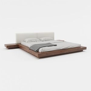 Cama de Plataforma Moderna Minimalista de Madera de Teca Sólida con Cabecera Tapizada y Mesitas de Noche Flotantes - Product Image 1