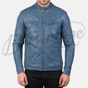 Chaqueta de cuero azul pizarra para hombre, corte ajustado, piel de oveja auténtica, abrigo informal de otoño e invierno, estilo motociclista, con cuello de banda y cierre de cremallera. - Product Image 3