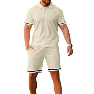 Ensemble de survêtement polo rayé avec logo personnalisé pour hommes, ensemble de t-shirts et shorts d'été pour hommes, tenues de survêtement pour hommes - Product Image 5