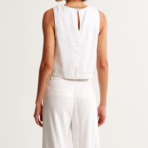 White Solid <b>Linen</b> Cotton Sleeveless Gym Tank <b>Top</b> Women Casual Two Piece Set with Button Front Short Crop Vest for Spring - Product Image 4