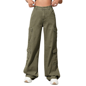 Pantalones Cargo de Mezclilla para Mujer, Pierna Ancha, Cintura Alta, Ajuste Holgado, Múltiples Bolsillos, Jeans de Algodón, Estilo Casual Urbano, Pantalones Utilitarios Largos - Product Image 1