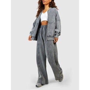 Survêtement vintage personnalisé pour femme avec fermeture éclair, veste en molleton 100 % coton et pantalon de survêtement à jambes larges, marque privée OEM - Product Image 6