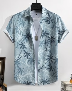 Camisa Casual de Manga Corta para Hombre, Estampado de Palmeras, Estilo Tropical, Veraniego, Hawaiano, Azul, Poliéster/Algodón - Product Image 4