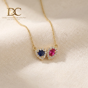 14KT <b>Solid</b> Yellow <b>Gold</b> Necklace <b>Pendant</b> with Lab Grown Diamond and Lab Grown Pink Tourmaline and Blue Sapphire Women's Jewelry - Product Image 6