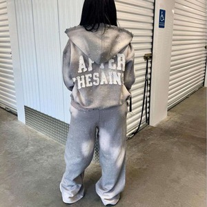 Conjunto Deportivo Gris para Mujer, Estilo Acid Wash, con Capucha, Manga Larga, Estampado de Letras, Corte Holgado, Estilo Urbano, Otoño, 100% Algodón Transpirable, 2026 - Product Image 1
