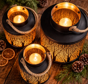 Lanterne en métal doré avec poignée en corde rustique, style européen, lanterne à bougie en fer doré et cristal, fonctionnant sur piles - Product Image 2