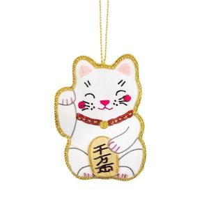 Lucky Cat Zari Embroidered Hanging <b>Ornament</b> | Beaded Maneki Neko Fabric Wall Decor | Good Luck Hanging for Home, Shop & Festive - Product Image 1