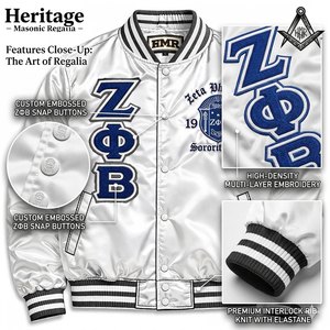 Zeta Phi Beta Embroidered Snap Buttons Front Satin Breathable Autumn Varsity Jacket in Black Color - Product Image 5