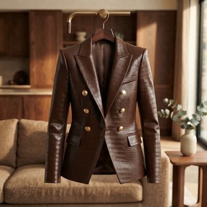 Brown Crocodile Embossed <b>Faux</b> <b>Leather</b> <b>Blazer</b> <b>Women's</b> Double Breasted Full Sleeve Autumn Jacket Regular Length - Product Image 4