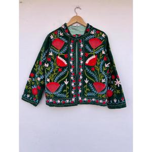 Premium Quality Suzani Embroidery Cotton Knitted <b>Jacket</b> with Button Detail Winter Festive Floral Design - Product Image 1