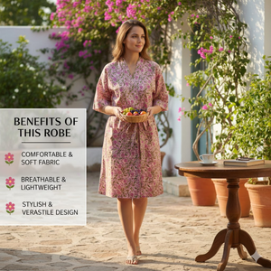 ชุดกิโมโนผ้าฝ้ายสำหรับผู้หญิง คอวี แขนยาว ชุดนอนยาว มีกระเป๋าหน้า 2 ช่อง ประดับพู่ห้อย พร้อมเชือกผูกเอว - Product Image 4