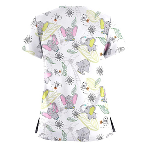 Custom Women’s Cartoon Elephant Print Medical Scrubs Top V-Neck Short Sleeve <b>Nurse</b> Uniform with Pockets Pediatric Hospital - Product Image 3