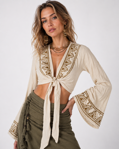 Top Corto Bohemio de Cáñamo y Algodón con Manga Campana, Ecológico, Cómodo y Sin Arrugas, Cuello en V, Top de Una Pieza para la Playa - Product Image 2