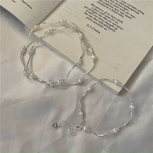 Collier et bracelet en argent sterling S925, style coréen vintage, faits à la main, avec perles d'eau douce courbées, design coréen, pour la clavicule - Product Image 2