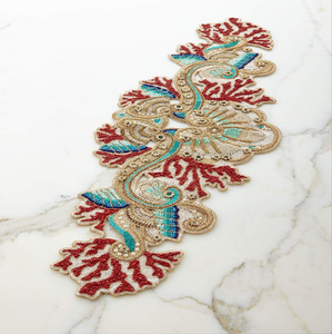 Ornate coastal sea shell and red coral luxury handcrafted beaded <b>table</b> <b>runner</b>, available at wholesale prices. - Product Image 1