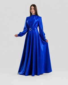 Vestido de Noche de Seda Azul Rey de Lujo TrendsbyCp - Elegante, Cuello Alto, Largo hasta la Rodilla, Mangas Regulares, Cinturón Asimétrico Tejido, Formal - Product Image 1