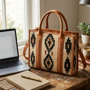 Hand Woven Saddle Blanket Laptop <b>Work</b> <b>Bag</b> Genuine Leather Cowhide Office Tote Handbag | Women Shoulder <b>Bag</b> India Export Premium - Product Image 4