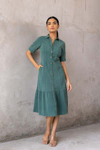 Vestido Camisero Verde de Manga Corta con Cuello Camisero, Largo Midi, Dobladillo en Capas, Transpirable, Tejido de Algodón y Fibra de Bambú, Vestido Casual de Verano - Product Image 5