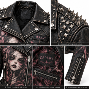 Chaqueta de cuero negra con cremallera asimétrica para mujer, estilo gótico rosa con estampado de retrato, cuello con tachuelas, abrigo de motociclista, proveedor de pedidos personalizados - Product Image 6