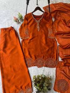 Salwar pakistaní de georgette con bordado Zari, kurta sencilla naranja con dupatta, ropa tradicional india lista para usar, gran venta. - Product Image 4
