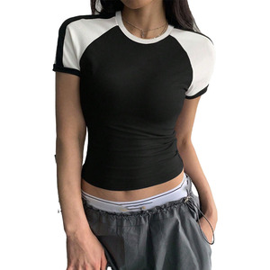 Contrast Raglan Sleeve Fitted Crop Tee Women Slim <b>Stretch</b> 100% Cotton Casual Streetwear Tank Top Custom Logo women's shirt - Product Image 3