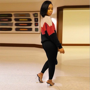 Women's Knitted Color Block <b>Sweater</b> <b>Set</b> With Drawstring Pants Full Sleeve O-Neck Casual Autumn Wear 2 Piece Outfit - Product Image 3