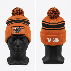 Bonnet de hockey sur glace en tricot acrylique premium 300 GSM, orange et noir, avec pompon côtelé et logo brodé personnalisé - Product Image 1