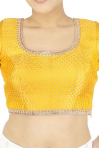 <b>Yellow</b> Embroidered Daily Solid Silk <b>Crop</b> <b>Top</b> Blouse Woven Scoop Neck Short Sleeve Festive Women's Wedding Blouse - Product Image 4