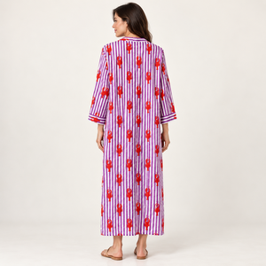 Robe longue décontractée d'été à rayures violettes et imprimé homard, col en V, manches trois quarts, coupe ample, avec poches - Product Image 2