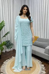 Ensemble Churidar brodé pour femme, col carré, Kurta, Palazzo, Dupatta, tenue de fête Salwar Kameez - Product Image 5