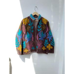 Veste en velours marron de qualité supérieure brodée avec un motif floral, col montant, manches longues, style bohème, manteau pour femme pour le printemps - Product Image 1