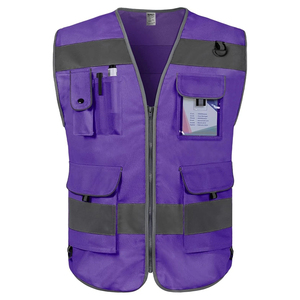 Chaleco de Seguridad de Alta Visibilidad Personalizado en Morado, Transpirable, de Malla de Poliéster, con Cinta Reflectante, Múltiples Bolsillos y Cremallera, para Guardias de Seguridad - Product Image 1