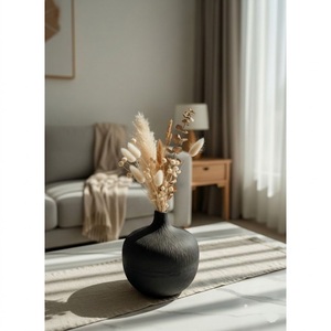 Modern <b>Matte</b> Black Ceramic Flower Vase With Natural Dried Pampas Grass Bouquet Minimalist Boho Home Decor <b>Table</b> Centerpiece - Product Image 2