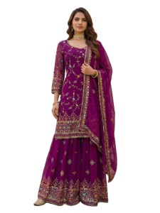 Salwar Kameez de Georgette Sintética Bordada en Morado, Vestido de Boda Tradicional para Mujer, Estilo Indio Pakistaní, Traje Sharara Gharara - Product Image 1
