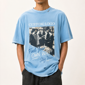 T-shirt Homme Oversize en Coton 100% Lavé, Style Rétro, Effet Photo, Face Avant Unie, Bleu Vieilli, Streetwear Lourd - Product Image 2