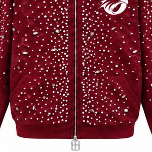 Sweat à capuche zippé bordeaux personnalisé avec perles, veste streetwear de luxe ornée de perles, sweat à capuche à manches longues, vêtement d'extérieur décontracté - Product Image 5