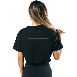 Top corto para mujer, Camiseta extragrande de algodón 100%, camiseta de manga corta de entrenamiento con logotipo personalizado, Top corto transfronterizo para mujer - Product Image 4