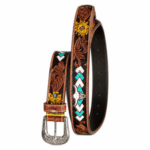 Premium Hand <b>Tooled</b> Western Leather <b>Belt</b> for Men Decorative Inlay Design with Metal Buckle - Product Image 1