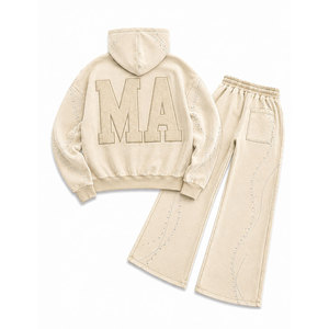 Men Hooded Tracksuit <b>Set</b> 100% Cotton Acid Washed Embossed 450 Gsm Loose Fit Rhinestone Cropped <b>Joggers</b> Casual Wear - Product Image 5