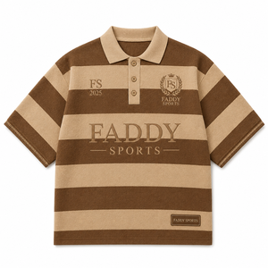 Chocolate Brown Beige Unisex Oversized Striped <b>Polo</b> T Shirt Textured Terry Cotton Custom Embroidery Private Label Streetwear - Product Image 2