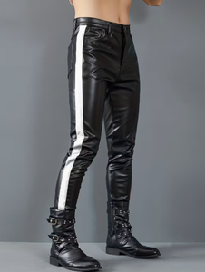<b>Men</b> <b>s</b> High Waist PU Coated Moto Pants With Side Stripe Zipper Fly Black leather look pants faux leather pants PU leather <b>trouser</b> - Product Image 1