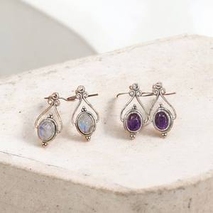 Elegant Designer Handmade Dangle Drop <b>Hook</b> <b>Earring</b> Natural Amethyst And Moonstone Gemstone 925 Stamped Silver <b>Earrings</b> - Product Image 1