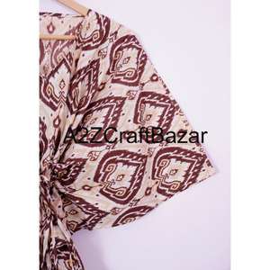 Robe Kaftan en Coton pour Femme avec Jupe Imprimée à la Main, Vêtement de Nuit d'Été, Kaftan Court et Élément de Mode Simple - Product Image 4