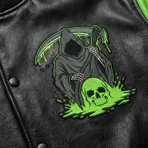 Chaqueta de Invierno Personalizada para Hombre, con Bordado de Calavera de Grim Reaper, Estilo Urbano, Negra y Verde, de Cuero Genuino, con Cuello Mao, Resistente al Viento - Product Image 5