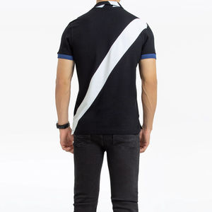 Camisa Polo Negra con Raya Diagonal Blanca y Puños Azules, Manga Corta, Informal, para Verano - Product Image 2