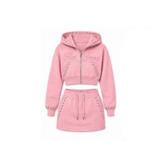 Wholesale Winter Eco-Friendly <b>Pink</b> Hooded <b>Tracksuit</b> Set Women Casual Zipper Front Sweatshirt Rhinestone Details Full Sleeve Knee - Product Image 2
