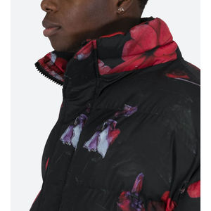 Chaqueta Acolchada con Estampado Floral Negro para Hombre, Cuello Alto, Cierre de Cremallera, Resistente al Viento, Abrigo Grueso de Invierno, Estilo Casual - Product Image 4